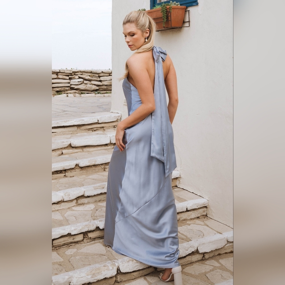 Show Me Your MuMu Lisa Maxi Steel Blue Luxe Satin Dress L Wedding Party Prom - Picture 3 of 13